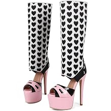 Frankie Hsu Sweet Cute Stiletto Platform Knee High Heeled Boot, Black Pink Heart Satin Hot Girl Big Large Size Wide Calf Long Boots For Women