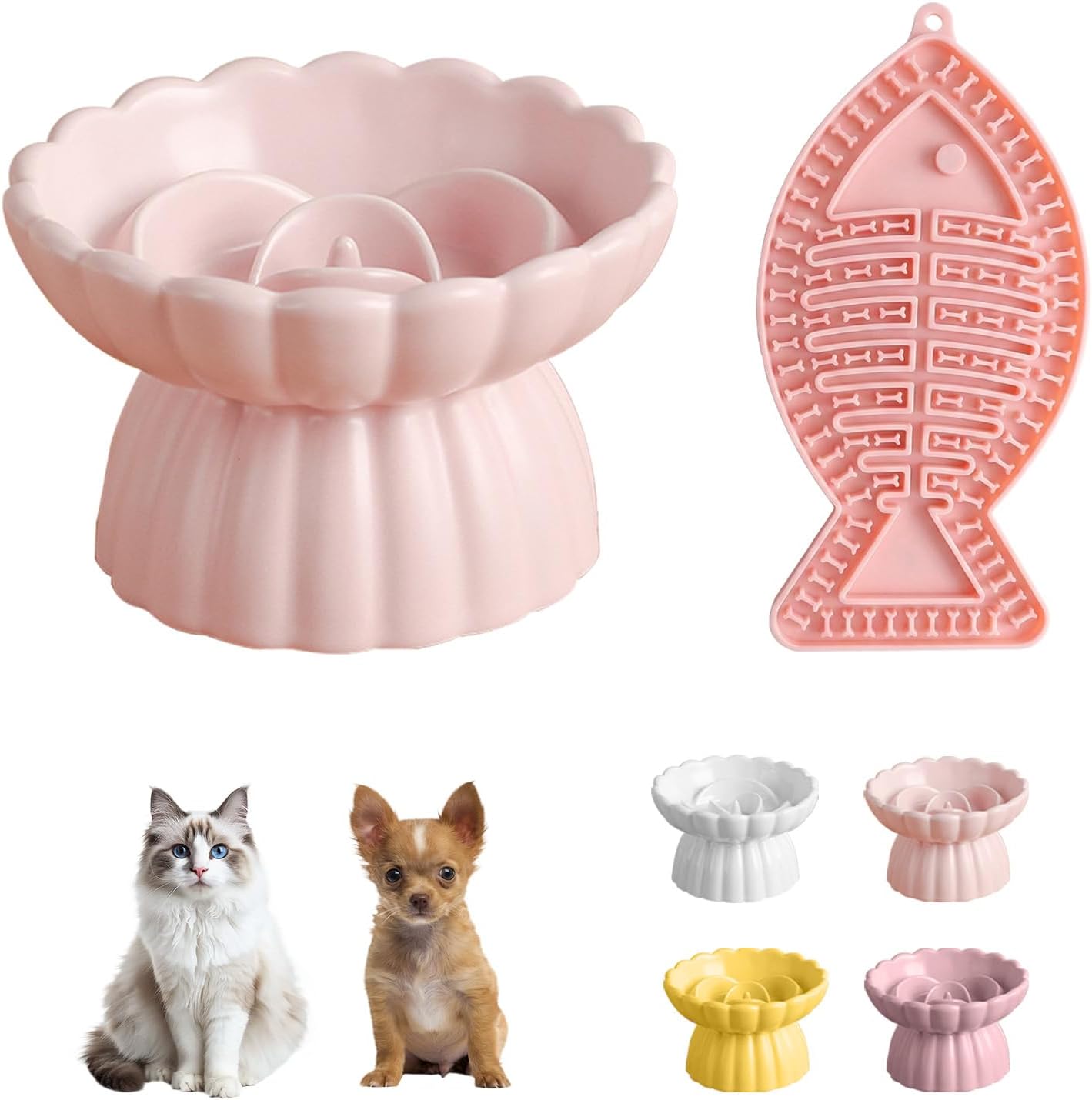 Ceramic Raised Slow Feeder Cat Bowl with Lick Mat, for Indoor Cats and Small Dogs Like Chihuahua, French Bulldog, Poodle,Anti Vomiting for Dry and Wet Food-Pink Bowl+Lick Mat