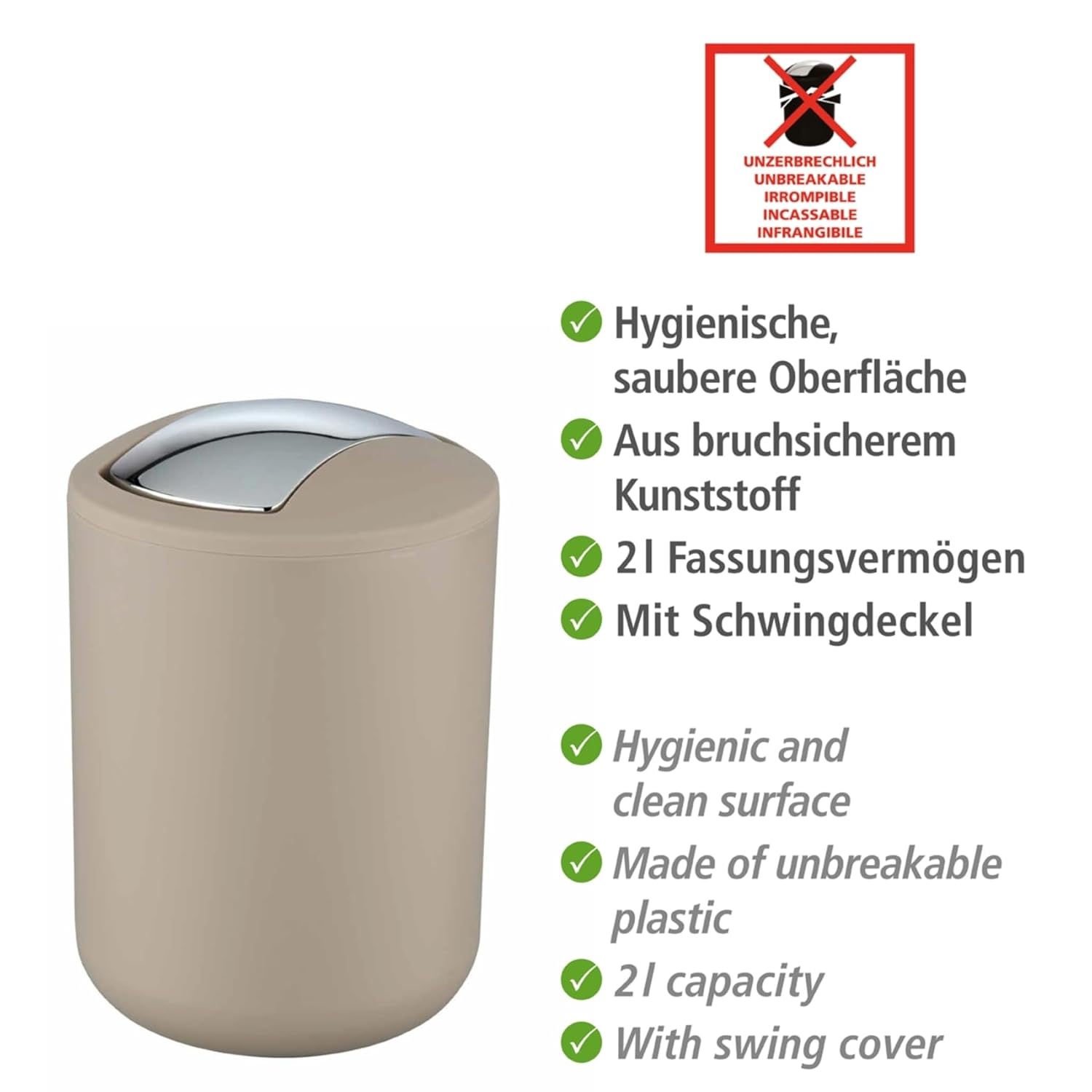 WENKO 21221100 Swing Cover bin Brasil, S, Taupe, 1 Pack, 14 x 14 x 21 cm