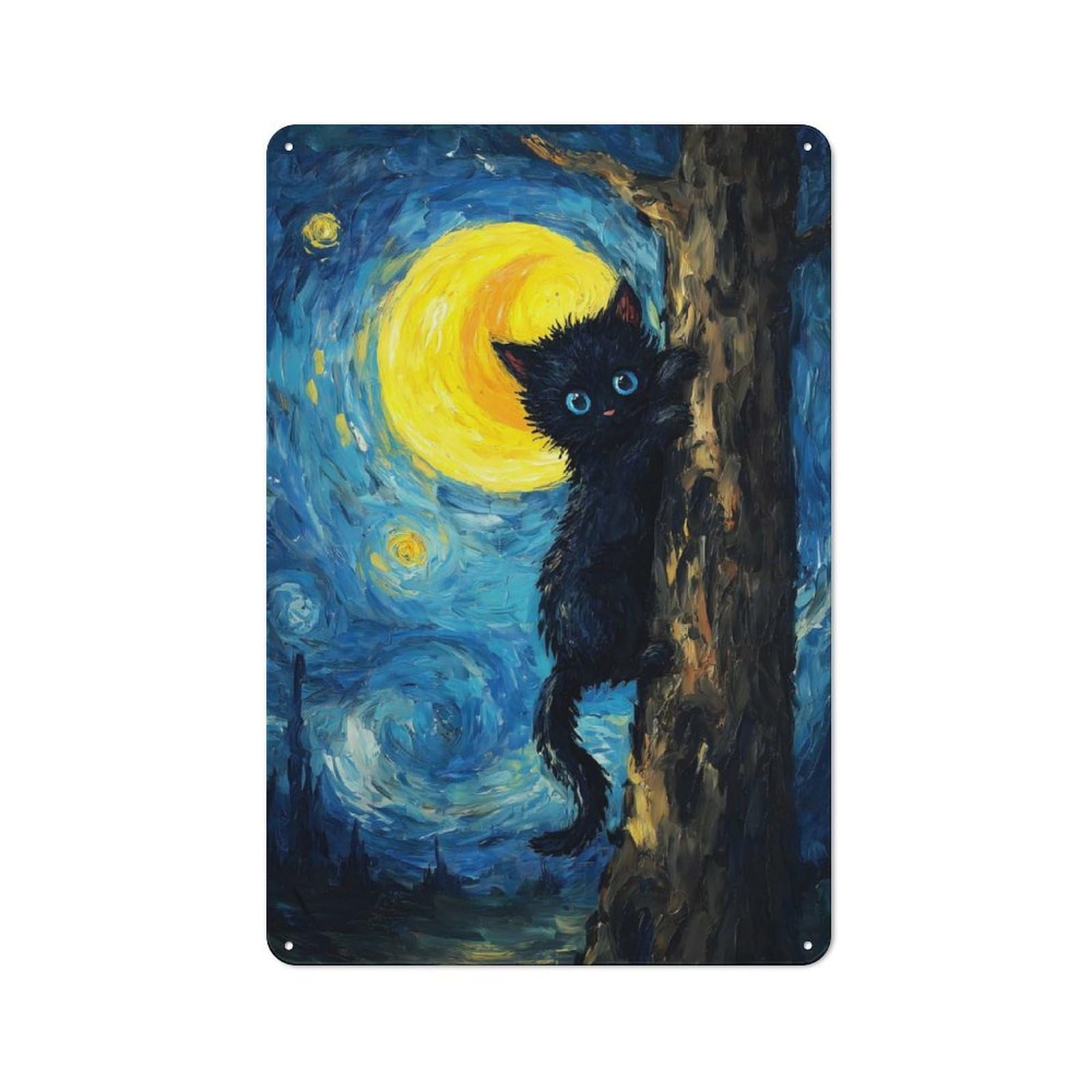 Junmoney Black Cat Climbing Tree, Starry Night Metal Sign 30X20cm With For Pub Or Café, Retro Decor, For Cooler-Month Interiors With Retro Character