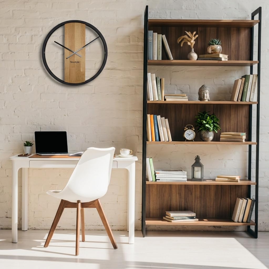 FLEXISTYLE Wandklok, groot, zonder tikkende geluiden, loft, ovaal, metaal, zwart, 3D, XXL, modern, hout, badkamer, woonkamer (80 cm diameter