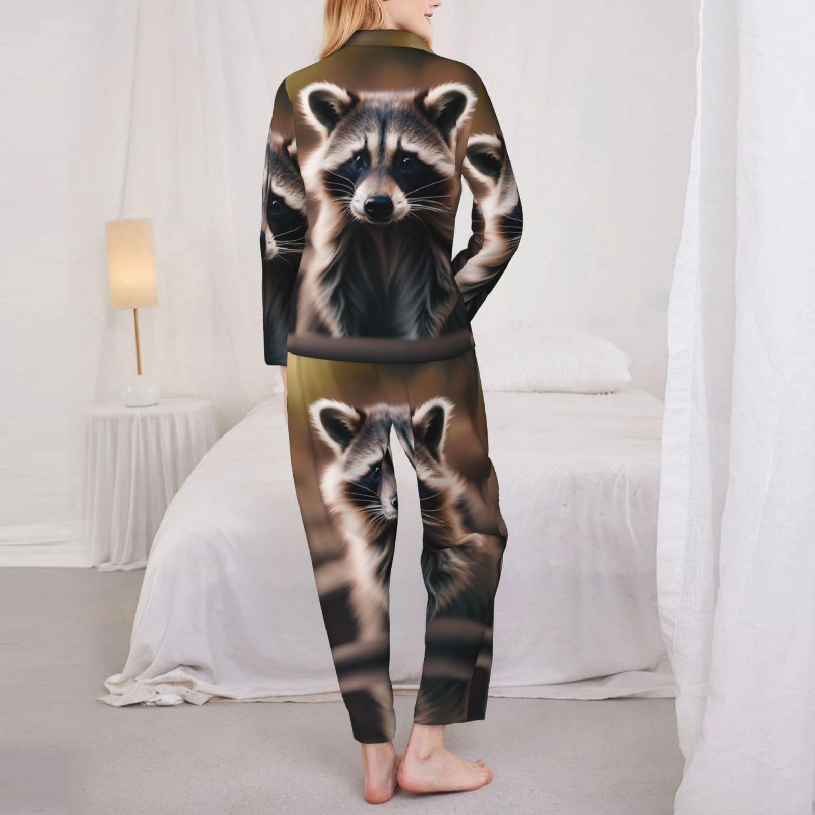 Cute Raccoon (1) Stampa Donne Manica Lunga Pigiama Set Giornaliero Lounge Sleepwear Due Pezzi Morbido Nightwear Wear