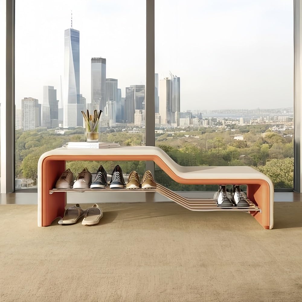 Shoe Rack Bench with Leather Padded, Bedroom Footstool, Bedside Bench for End, Shoe Changing Stool for Hallway, Living Room, Hallway, Bedroom and Porch (White, Medium)