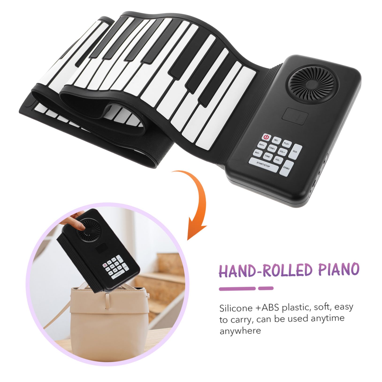 88-tasten Rolle Up Piano aus Silikon, Schwarz, Batteriebetrieben | Faltbar für Reise, mit Lautsprecher, USB Kabel im Lieferumfang, für Einsteiger