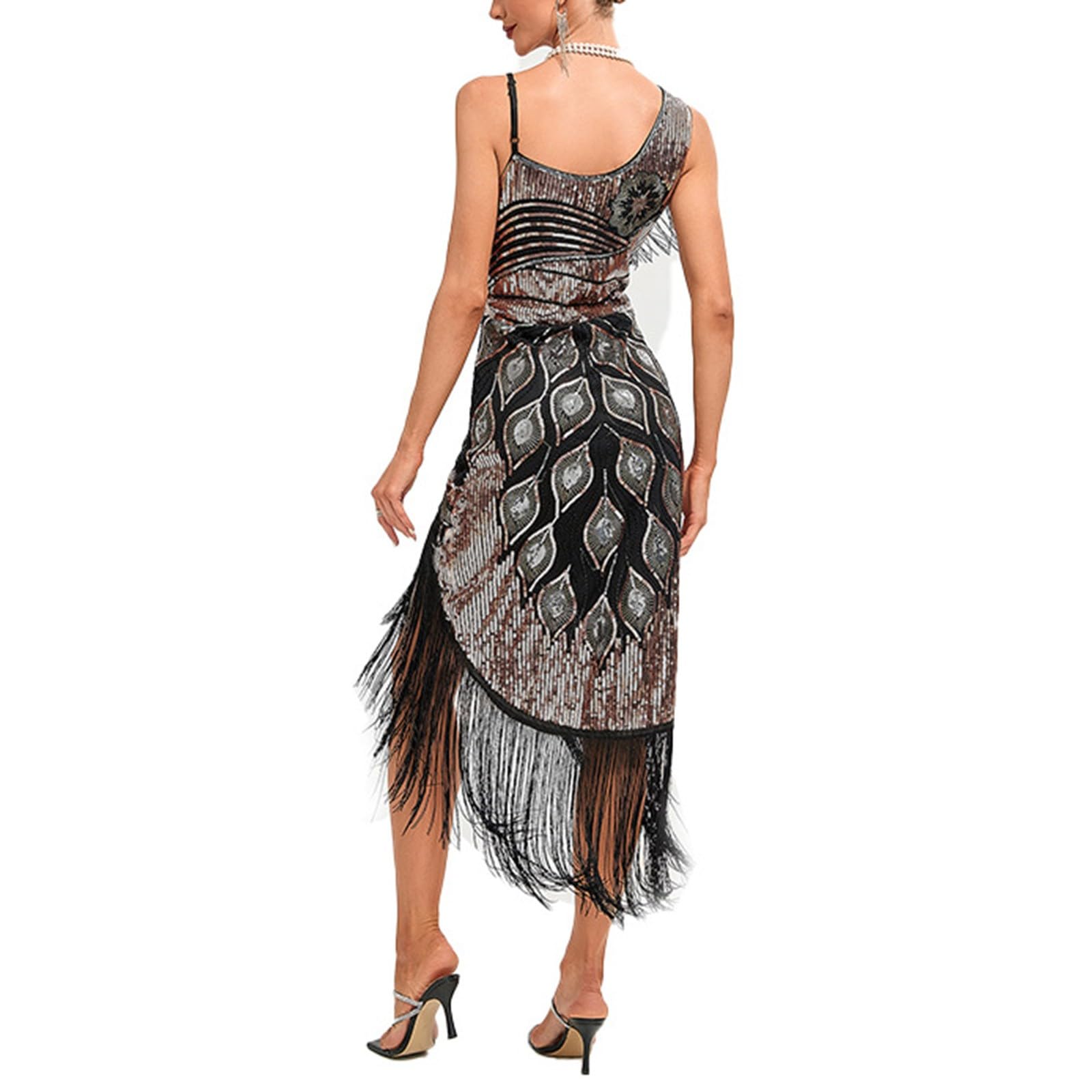 Generisch Robe rétro des années 1920 pour femme - Avec deux couches de pompons - Robe de soirée Charleston avec paillettes et col en V - Robe de soirée à thème des années 20