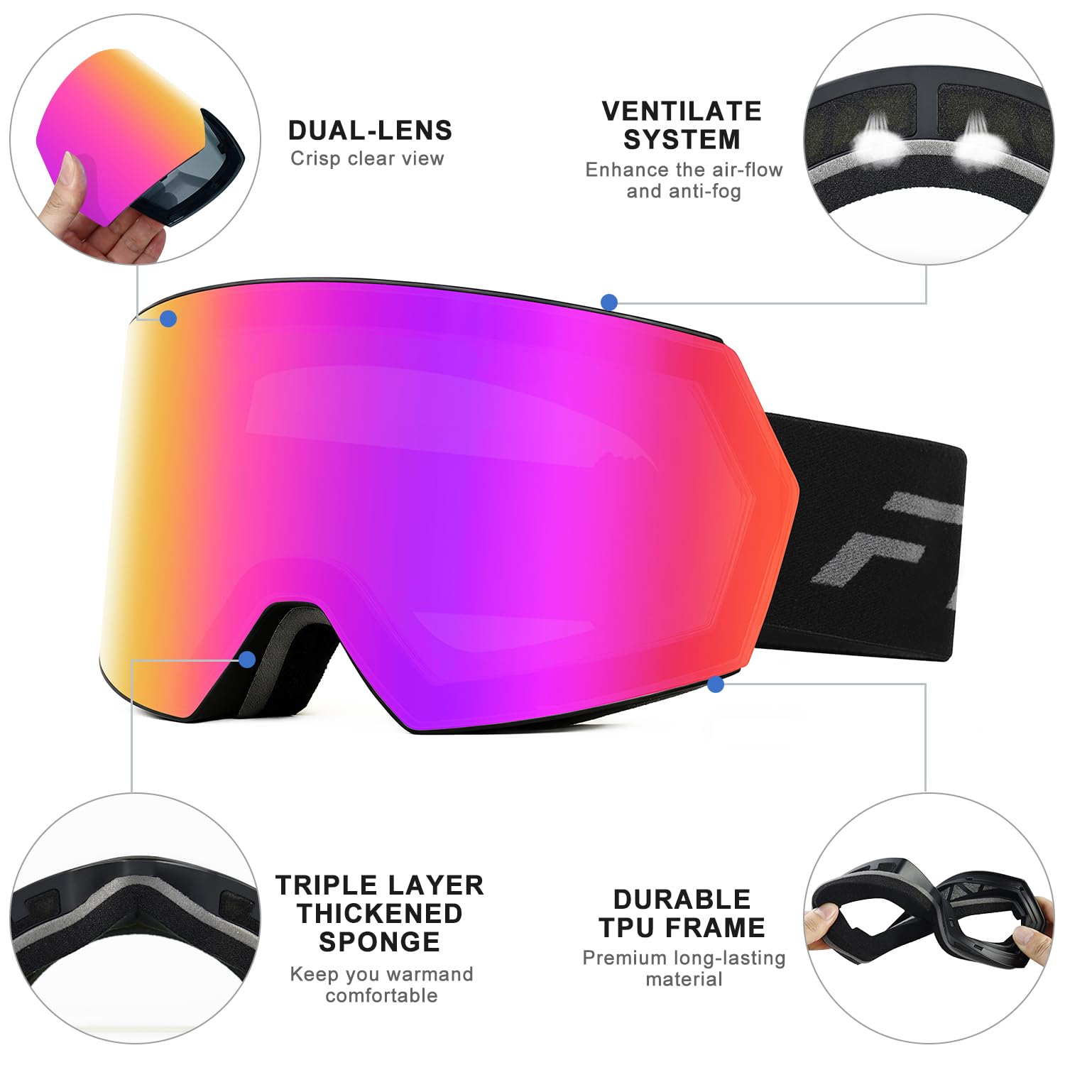 Anti Fog OTG Ski Goggles UV400 Protection - Helmet Compatible for Men Women Youth Skiing Snowboarding,Red