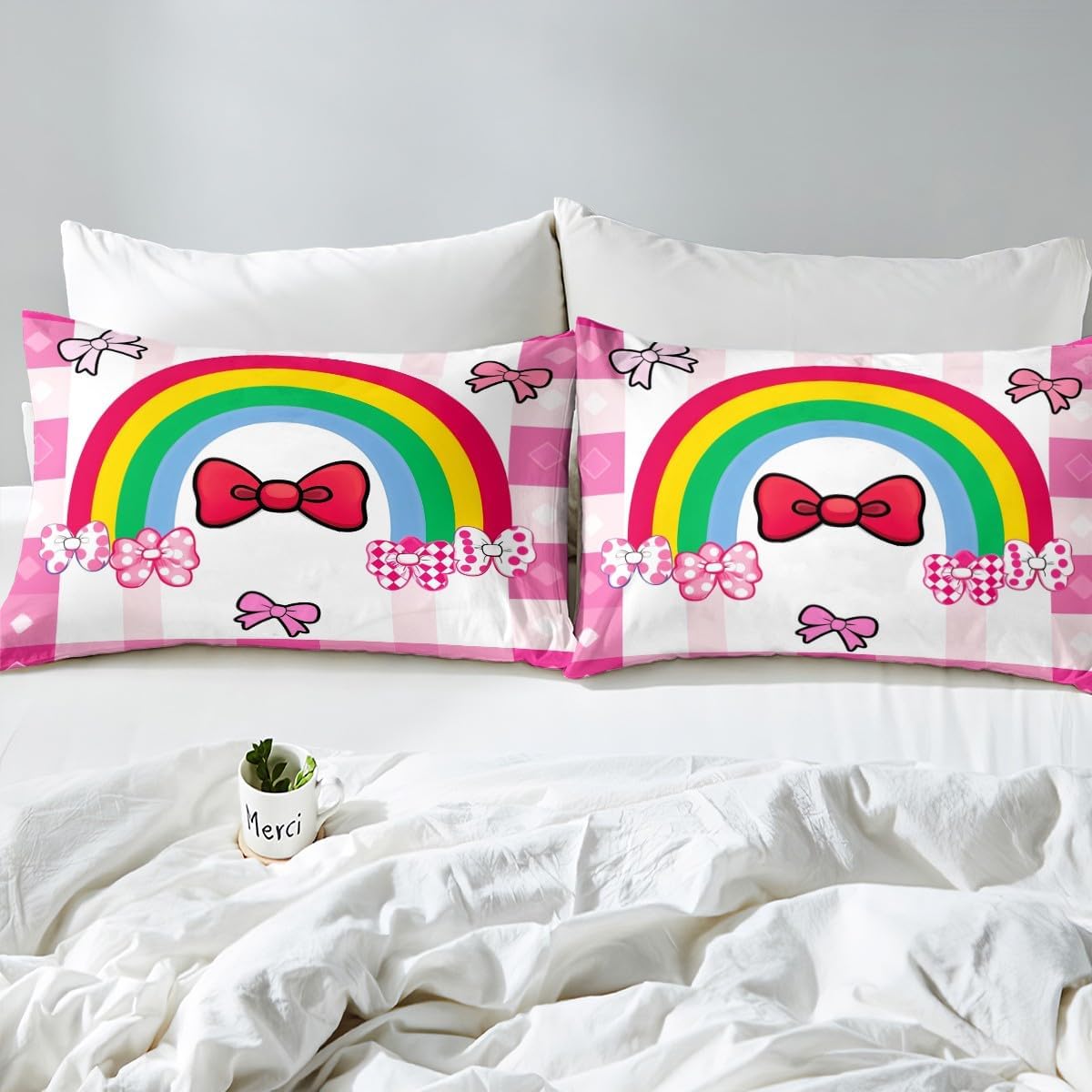jejeloiu Girls Rainbow Bow Duvet Cover Cute Bow Bedding Set Toddler Size for Kids Boys Girls Dreamy Princess Bowknot Comforter Cover,No Comforter