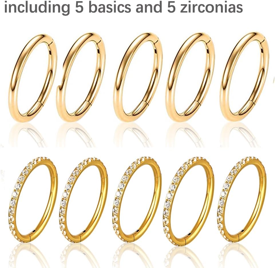 Casvort 5/10 PCS 16G Seamless Septum Nose Piercing Rings Zirconia Segment Tragus Hoop Rings 316 Stainless Steel Helix Ring Stack Clickers Ear Plugs Hangers Women Body Jewelry