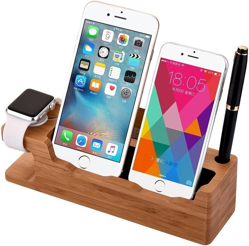 2 in 1 Bamboo Multifunction Charger Cradle Holder Charging Docking Station Charge Stand Compatible iPhone 16 15 14 13 12 Pro Max Apple Watch Ulrta 10 9 8 7 6 5 4 3 2 iWtach Samsung Smartphones