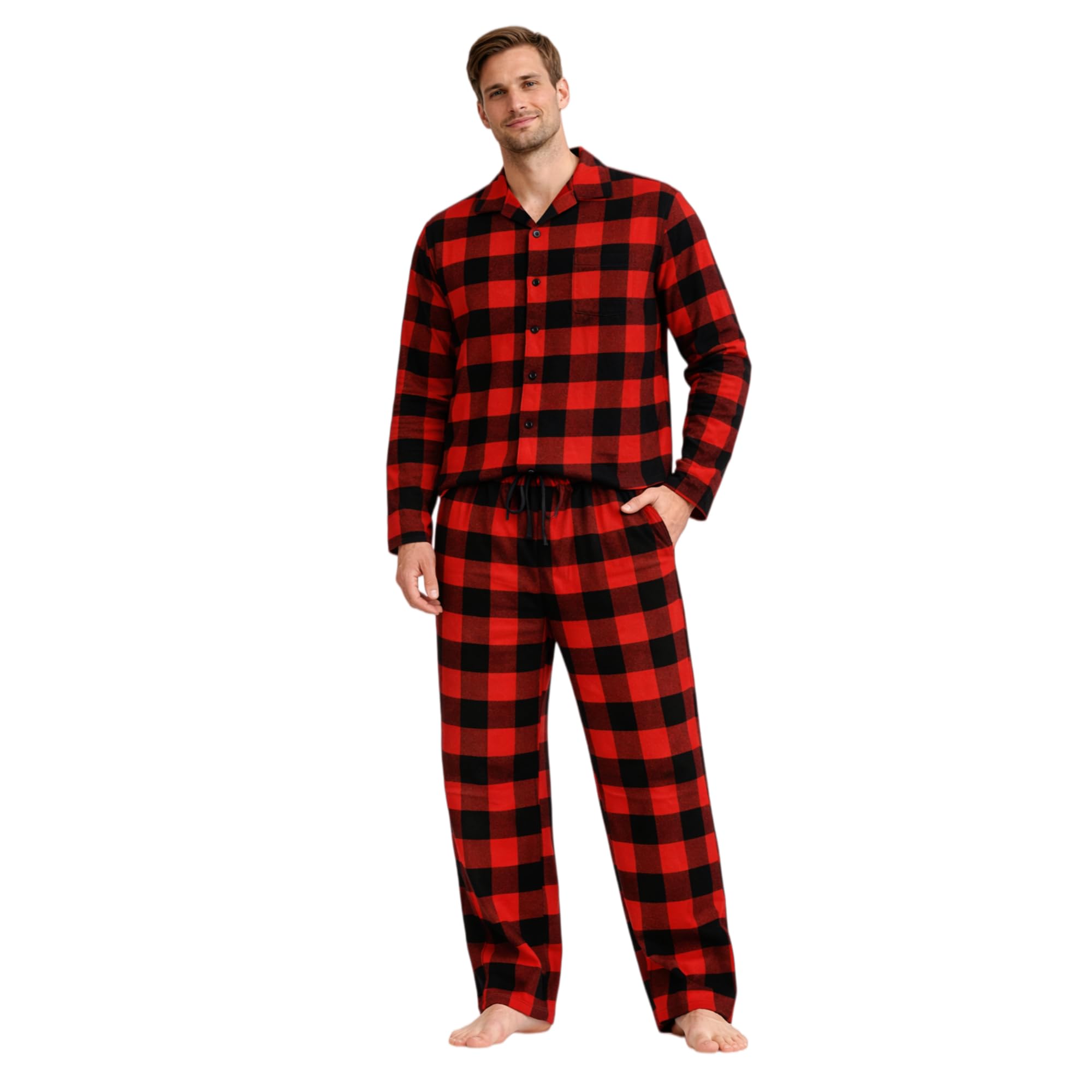 Conjunto de Pijama Tejido de Franela para Hombre 100% Algodón Juego de Ropa de Dormir a Cuadros Manga Larga con Bolsillos