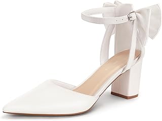 Womens Closed Pointed Toe Heels with Bow Low Chunky Block Heel Ankle Strap D'Orsay