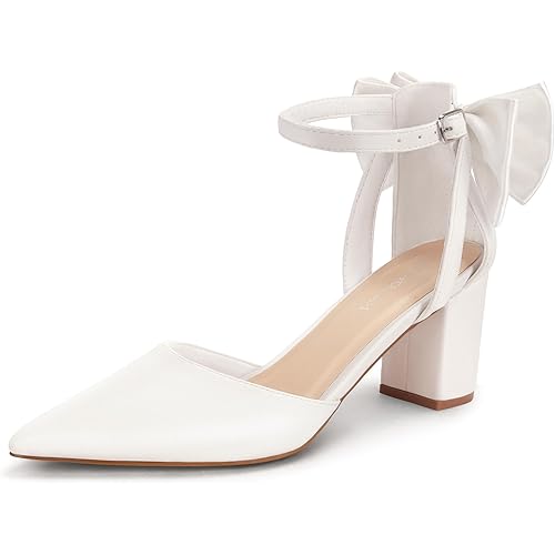 Womens Closed Pointed Toe Heels with Bow Low Chunky Block Heel Ankle Strap D'Orsay Pumps Bridal Wedding Dress Shoes