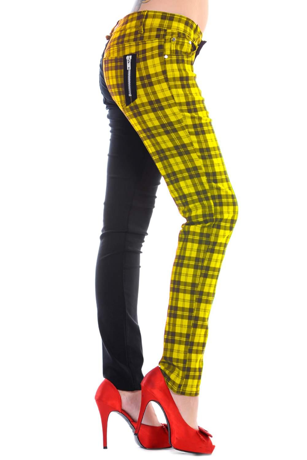 Ro Rox Women's Yellow Banned Skinny Half Check Tartan Trousers Punk Emo Split Leg Checked Pants Alternative Fashion, Small
