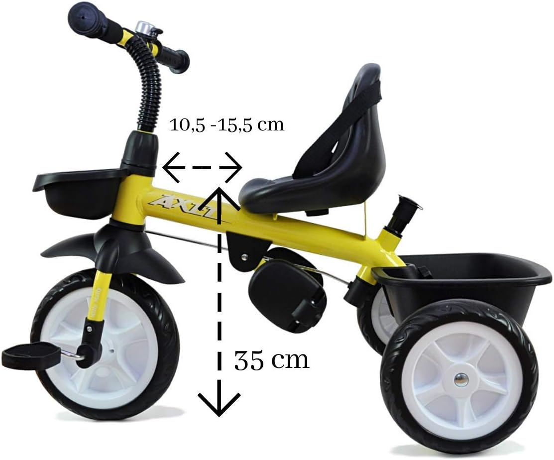 Side view of the Milly Mally Axel Three-Wheel Bike showing seat height of 35 cm and adjustable seat distance from handlebars of 10.5 to 15.5 cm.