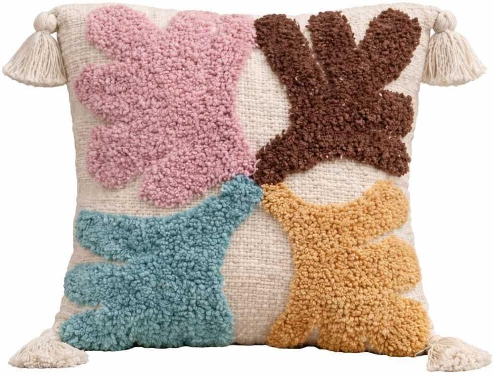 Image of Cushion Cover Pack of 5 (16x16 Inches) | Cotton Textured Decorative Throw Pillow Case for Sofa Bed Living Room Leaf Tufted Cushion Cover with Tassels (Multicolor)