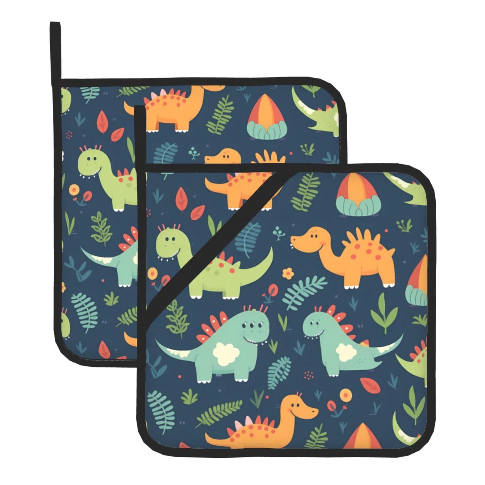 HJFCZH Adorable Dinosaur Printed Square Insulated Pot Mat Set (2-Piece) 8x8in Waterproof, Thickened & Easy to Clean with Lanyard Design for Kitchen, Oven & BBQ