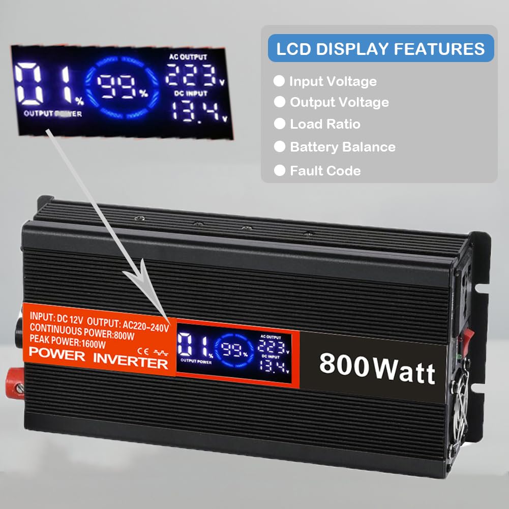 SolaMr 800W Inversor de Corriente DC 12V a AC 220V/240V con Pantalla LCD y Puertos de Carga USB Convertidor para Sistema Montado en Vehículo y Acampada Salvaje- 800W
