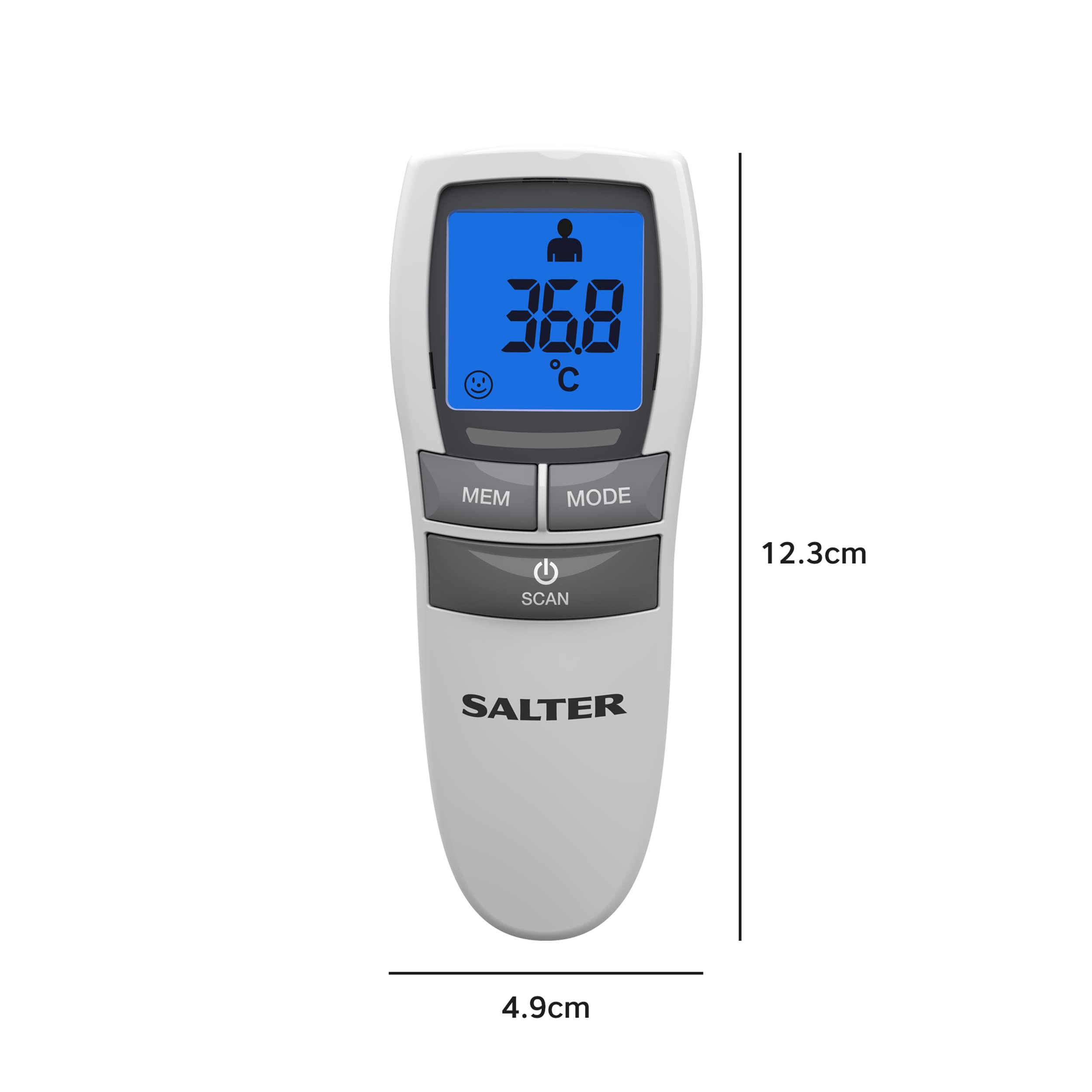 Salter TE-250-EU Termómetro infrarrojo sin contacto para frente, objetos y líquidos, modo noche, alarma de fiebre, memoria de 30 lecturas, lectura en un segundo, pantalla retroiluminada