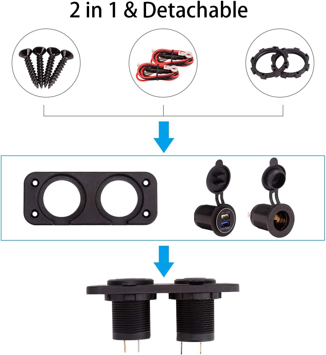 10L0L Golf Cart Cigarette Lighter Outlet & Quick Charge 3.0 DC 12V Input Waterproof USB Charger Power Socket Adapter Dual USB Ports Panel Universal for EZGO Club Car Yamaha Golf Cart Models
