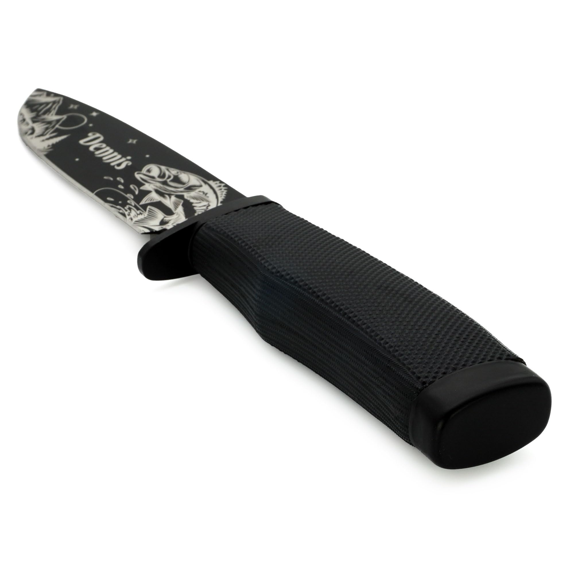 Schwarzes personalisiertes Angelmesser – Geschenk für Angler mit Gravur – Outdoor- und Campingmesser mit Messerscheide (ohne Ständer)
