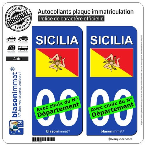 blasonimmat 2 Autocollants Plaque immatriculation Auto : Sicile Région -
