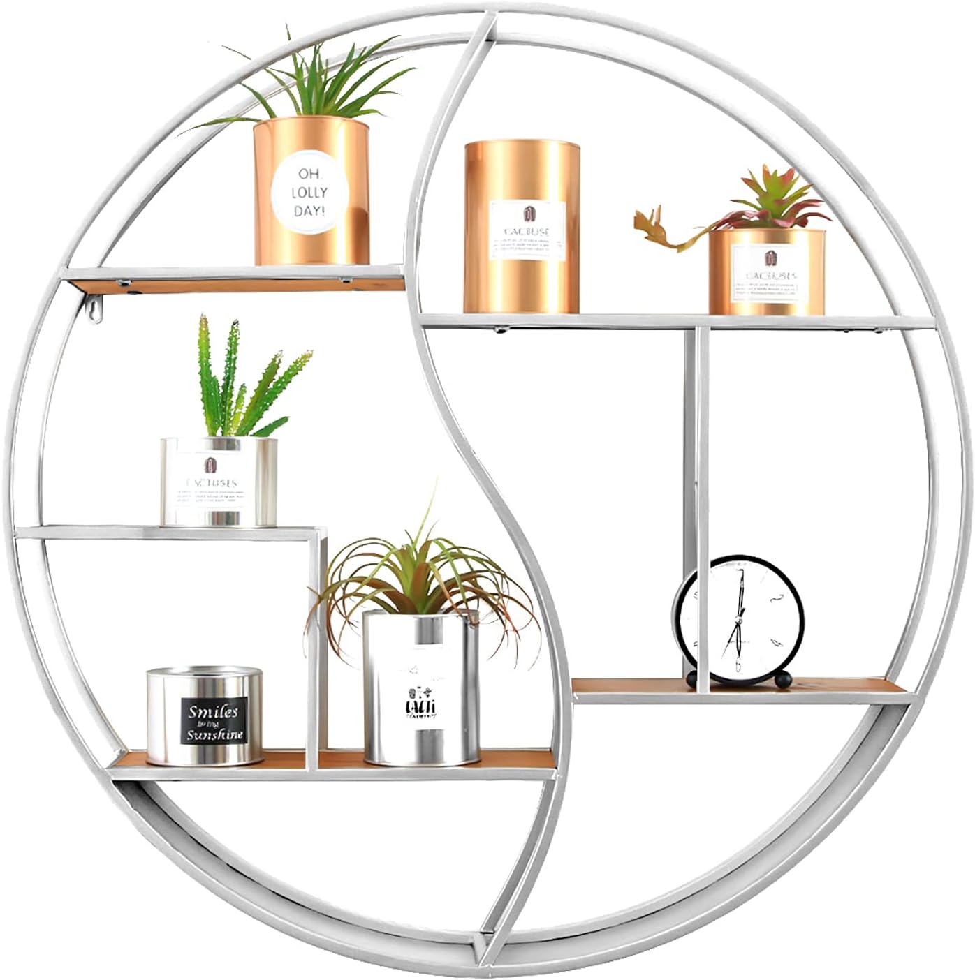 Round Wall Shelf,24 inch Metal Circle Shelf Wood Floating Shelves,Rustic Silver Wall Mounted Display Organizer Shelf for Fireplace,Living Room,Bathroom