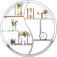 Vista 1 de Estante redondo de pared, estante circular de metal de 24 pulgadas, estantes flotantes de madera, estante organizador de exhibición plateado rústico