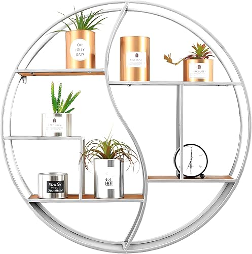 Estante redondo de pared, estante circular de metal de 24 pulgadas, estantes flotantes de madera, estante organizador de exhibición plateado rústico