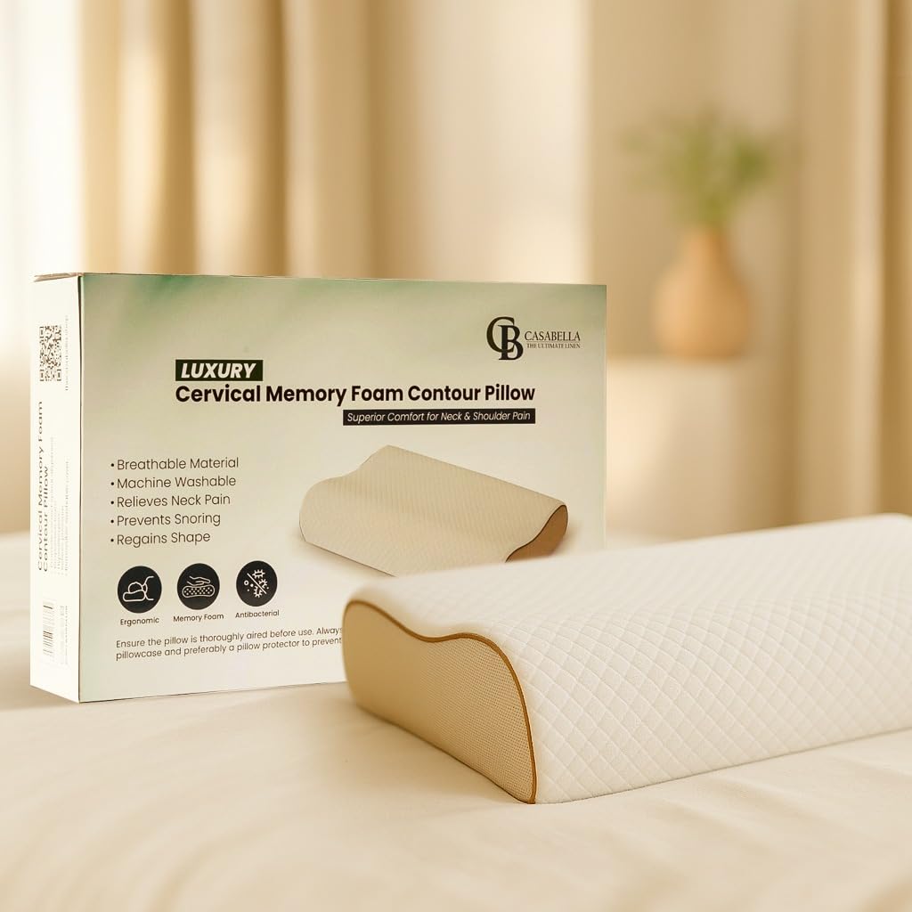 Casabella White Advanced Cervical Memory Foam Pillow - Orthopedic Contour For Neck & Shoulder Pain Relief - Ergonomic Support For Side & Back Sleepers, Stops Snoring, Includes Hypoallergenic Cover