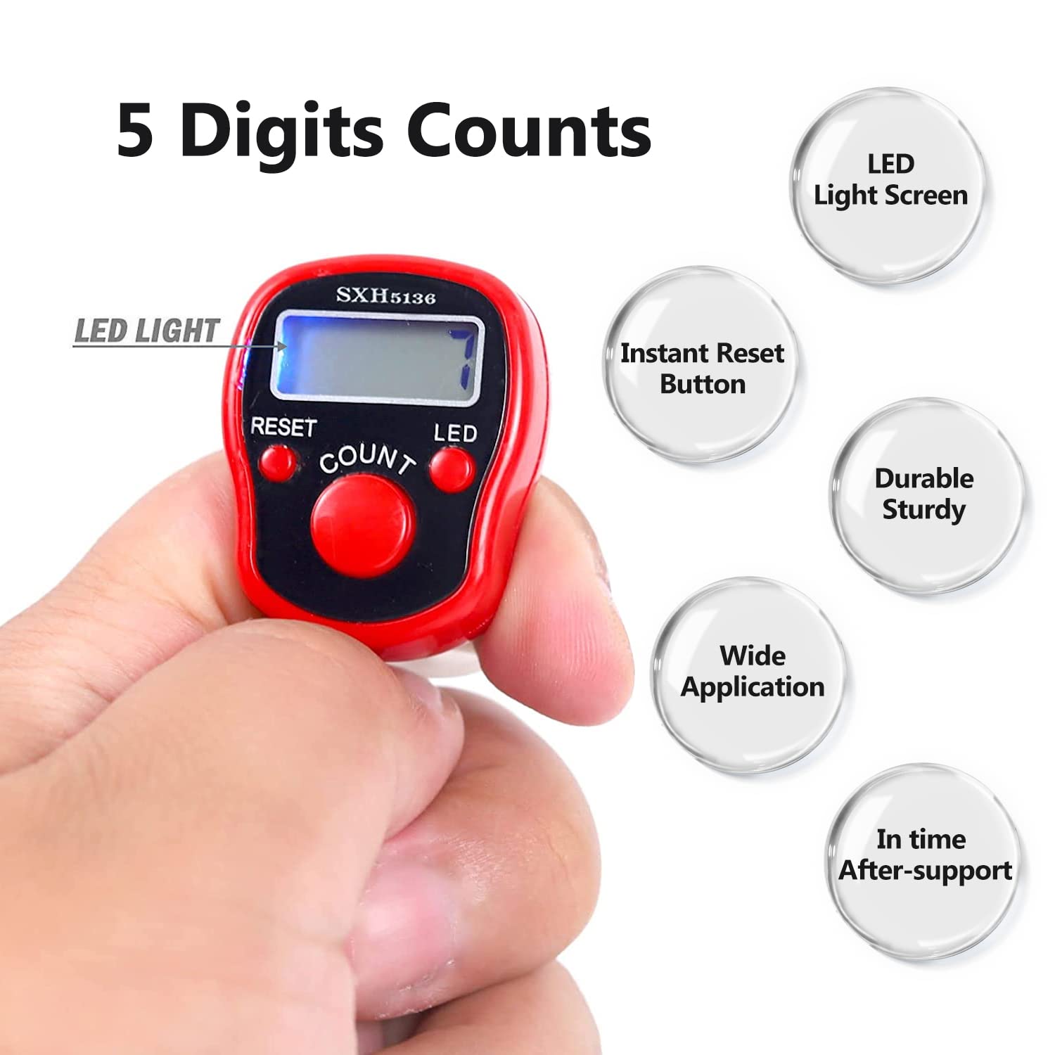 Lot de 5 compteurs de doigts - Perles Tasbih islamiques - 5 LED numériques - Compteur électronique à main - Avec étui - Compteur mécanique manuel - Compteur de tours