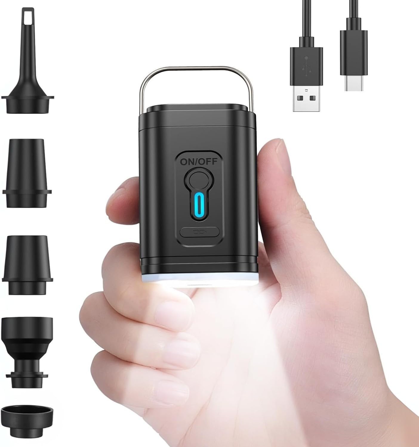 Mini Electric Air Pump Portable, 20M Fast Rechargeable Pump w/5 Nozzles, Type-C - Smart Sensor for Air Mattress, Pool Floats, Inflatables & More - Portable Pump for Camping, Travel, Home