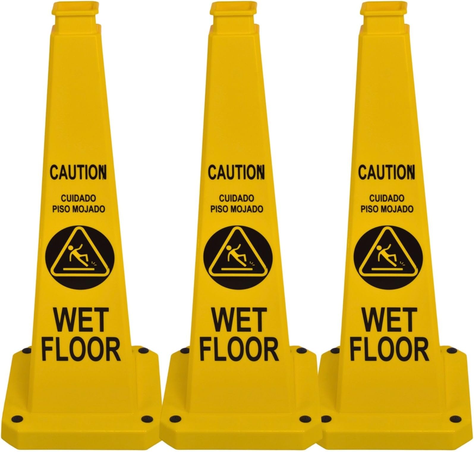 BESEA Caution Wet Floor Sign 3 Pack, 36" Heavy Duty Safety Cone with Weighted Base, Yellow 4-Sided Bilingual Warning Sign, Non-Slip Floor Safety Cone for Restaurants, Stores, Schools, Hotels