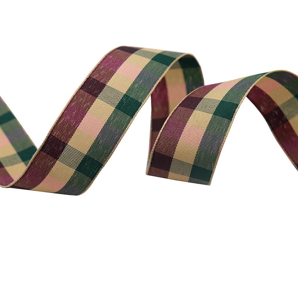 Tartan Ribbon, 25mm x 9M Black Watch for Christmas Valentine's Day Scene Decoration(Coffee Green Yellow)