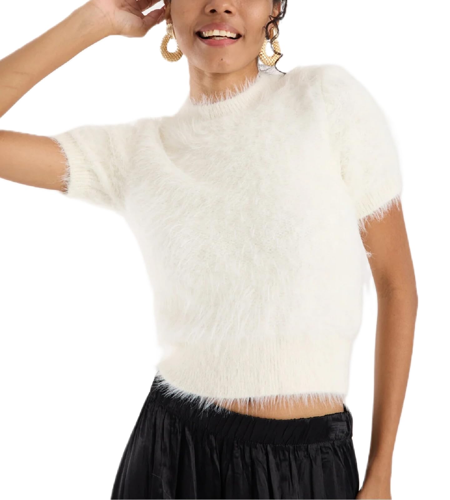 Women Fuzzy Sweaters Soft Furry Short Sleeve Fluffy Cozy Pullover Cropped Sweater Cute Casual Jumper Tops