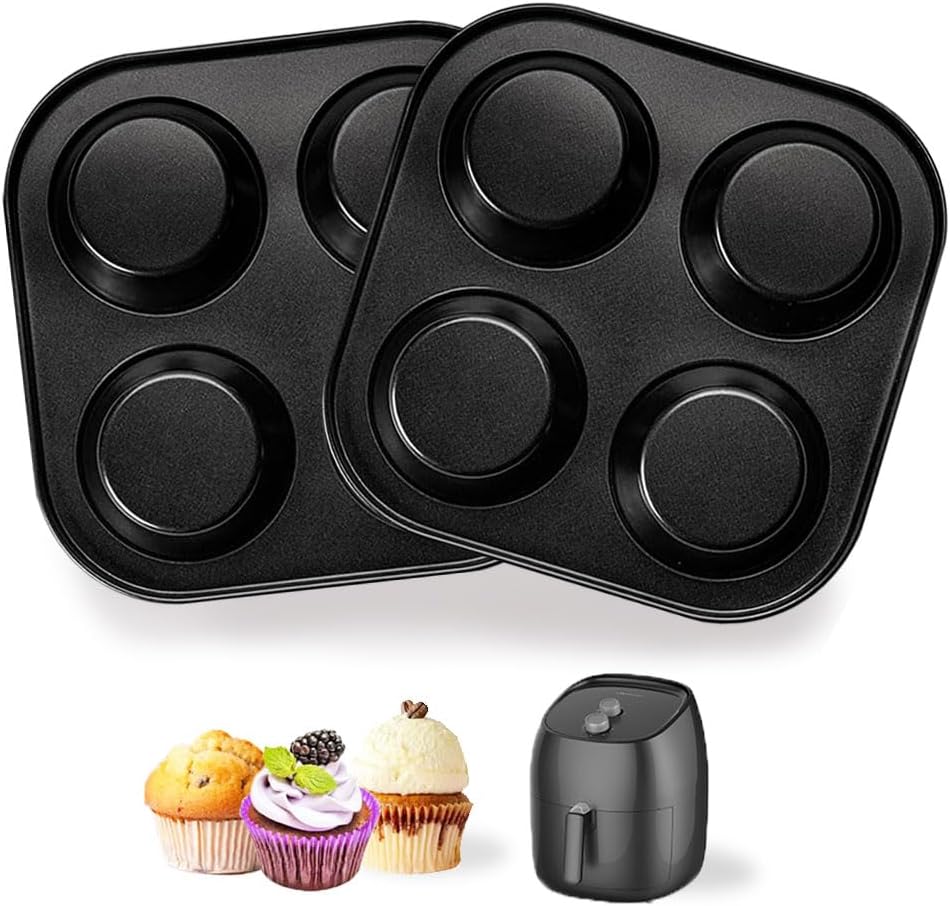 Muffin Pan 4 Cup, 2 Pcs Cupcake Pan Non Toxic Air Fryer Mini Muffin Pan Non Stick Bakeware Carbon Steel Muffins Pan for Making Muffins or Cupcakes