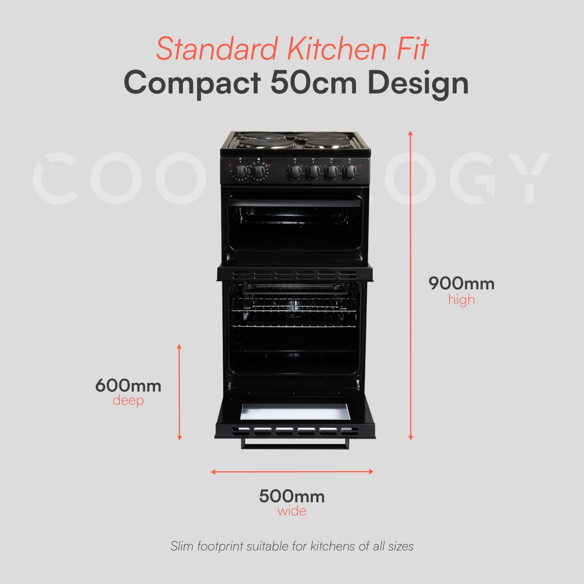 Cookology CFSPTC502BK 50cm Wide Freestanding Electric Twin Cavity Cooker, Combined 93 Litre Capacity with 4 Zone Solid Plate Top Hob Cooktop - in Black — view 4