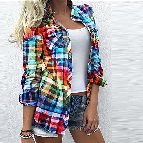Oksea-Hemdbluse-Damen-Elegant-Karierte-Blusen-Frauen-Buntes-Hemd-Langarmshirt-Knopf-Hemd-Damen-Jacke-Mit-Taschen-Basic-Damenblusen-Tunika-Damen-Casual-Top-Regular-Fit-Freizeithemd-Herbst-Bluse-Damen