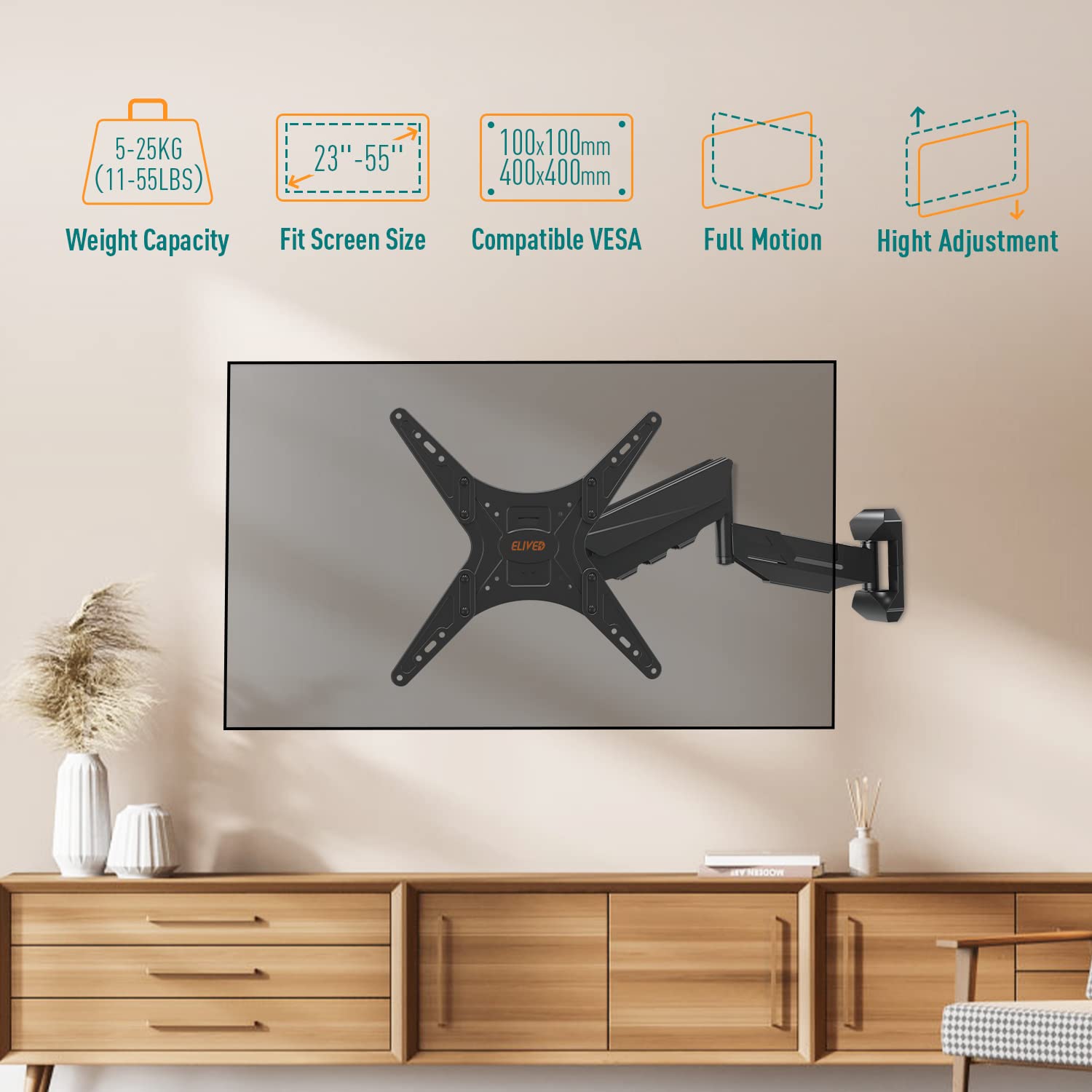 ELIVED Support mural réglable en hauteur pour la plupart des téléviseurs LED, LCD, OLED plats ou incurvés de 23 à 55" avec VESA 100 x 100 mm-400 x 400 mm jusqu'à 25 kg, support d'angle à mouvement