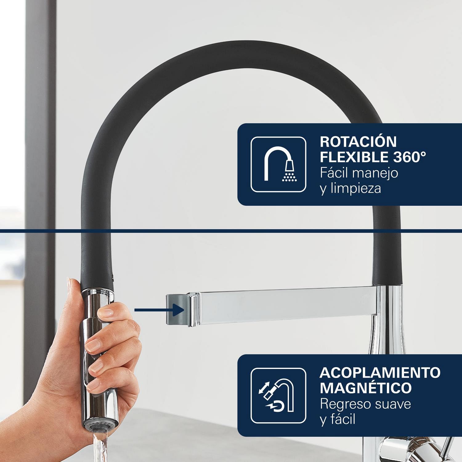 Grohe Essence Professional - Grifo de Fregadero Monomando, Caño Giratorio de 360°, Caño Alto, Dos Opciones de Chorro (30294000), Cromo
