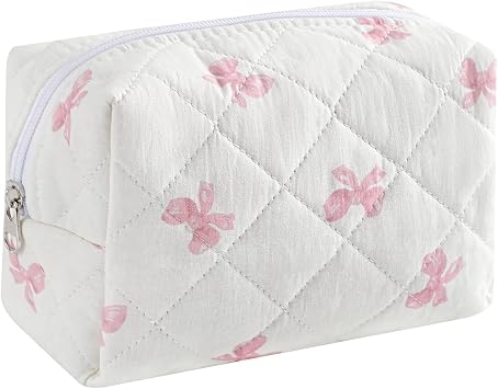 RSRSLEII Small Quilted Cotton Makeup Bag, Cute Floral Cosmetic Bag, Cotton Aesthetic Makeup Pouch, Kawaii Travel Toiletry Bag for Women and Girls 12White Pink Bow