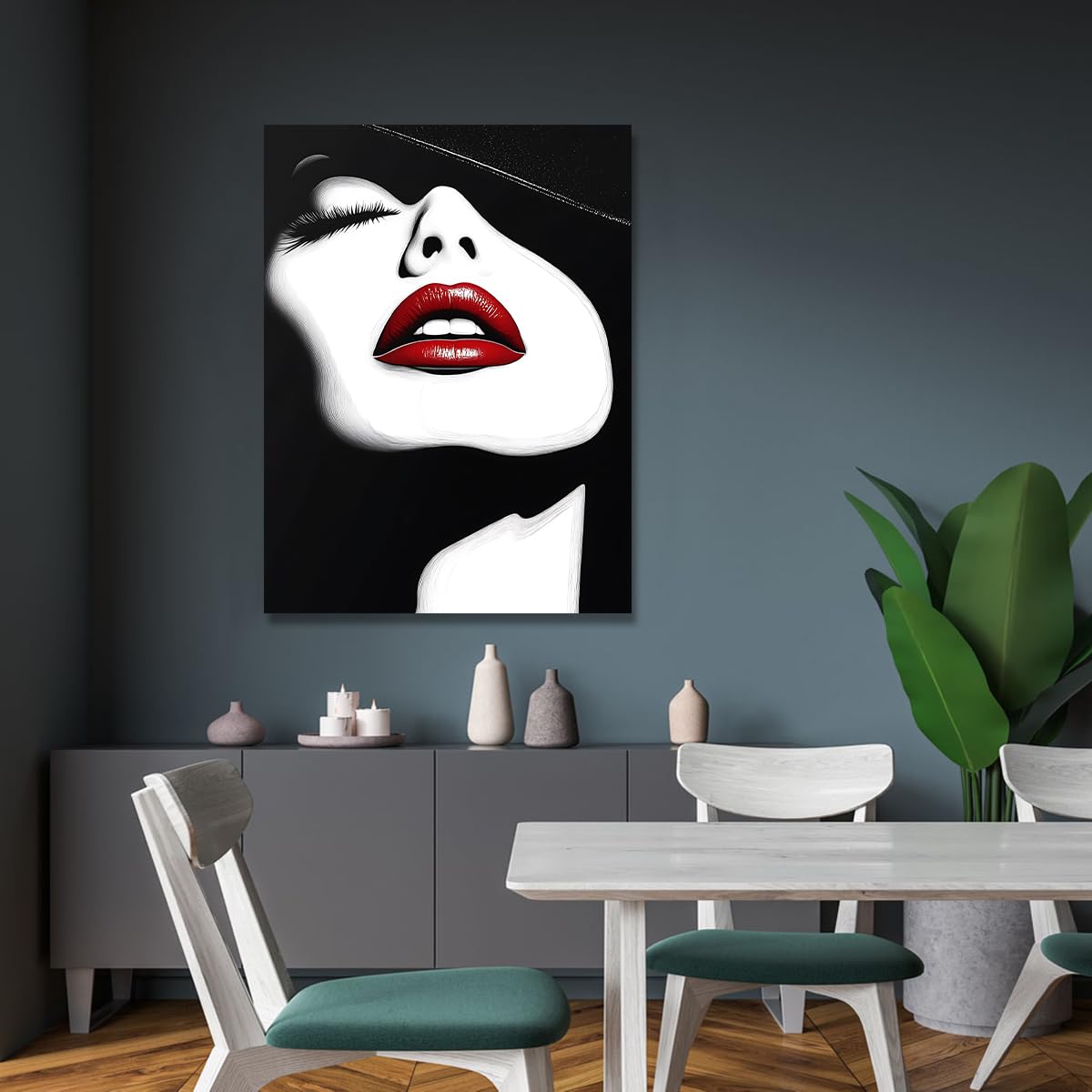 CHERHERART Stampe di poster bianche nere Labbra rosse Pop Art Arte da parete Ritratti di moda misteriosi Opere d'arte per camera da letto 55x85cm Innerframe