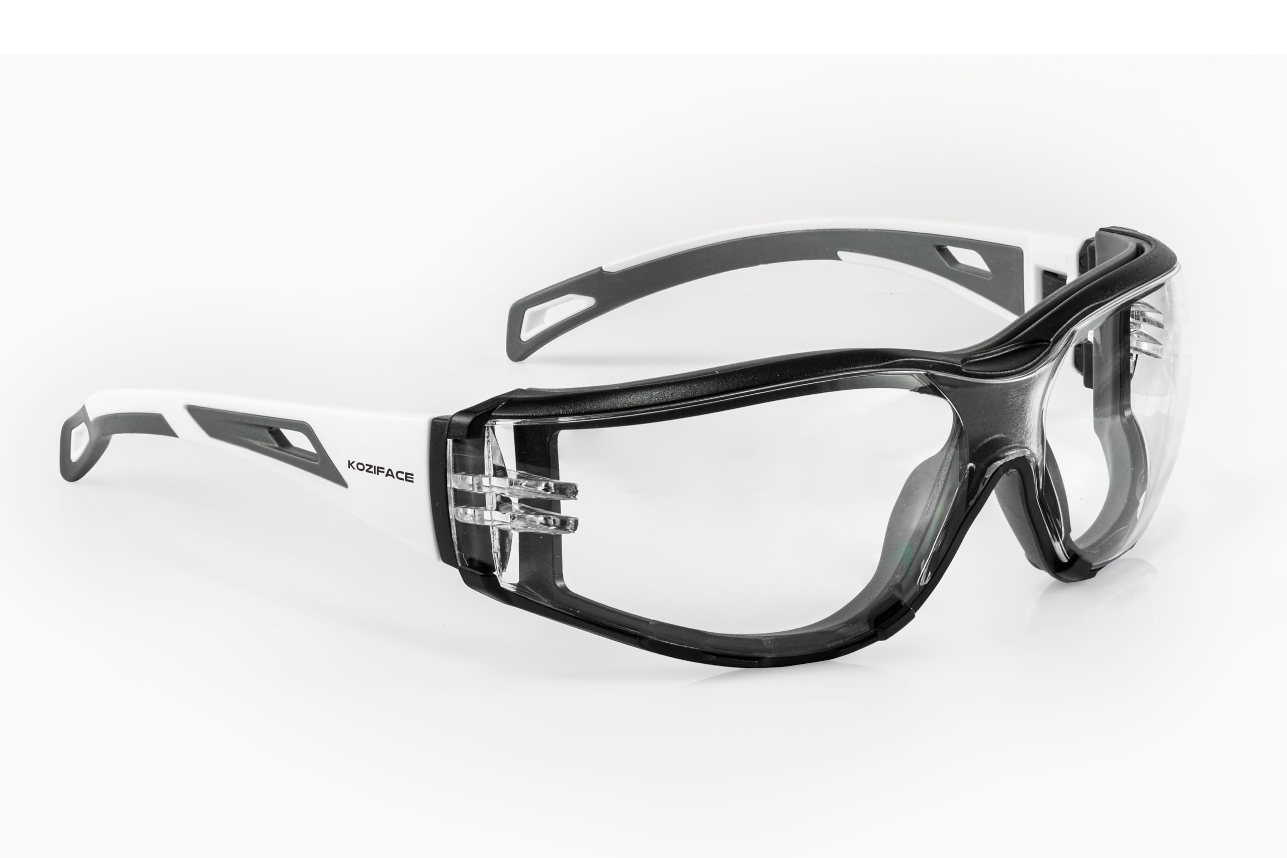 Koziface Okulary ochronne S30 dla mężczyzn i kobiet, regulowany, elastyczny pasek i ramiona, 2 sposoby noszenia, stylowe, czarne, białe, ochronne, przeciwmgielne, antypoślizgowe, ANSI Z87.1, do użytku