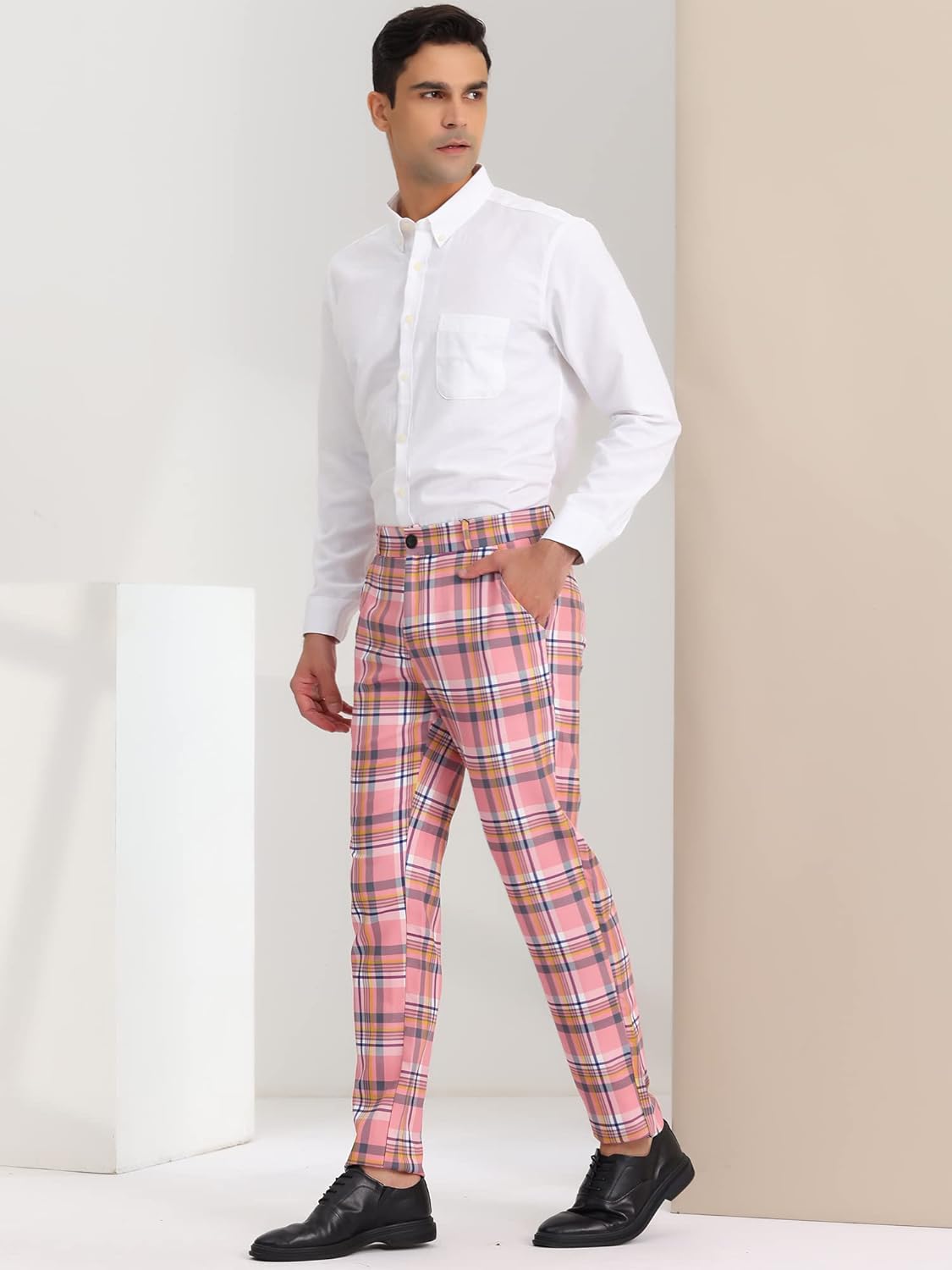 Lars Amadeus Men's Plaid Slacks Regular Fit Flat Front Work Prom Checked Dress Pants