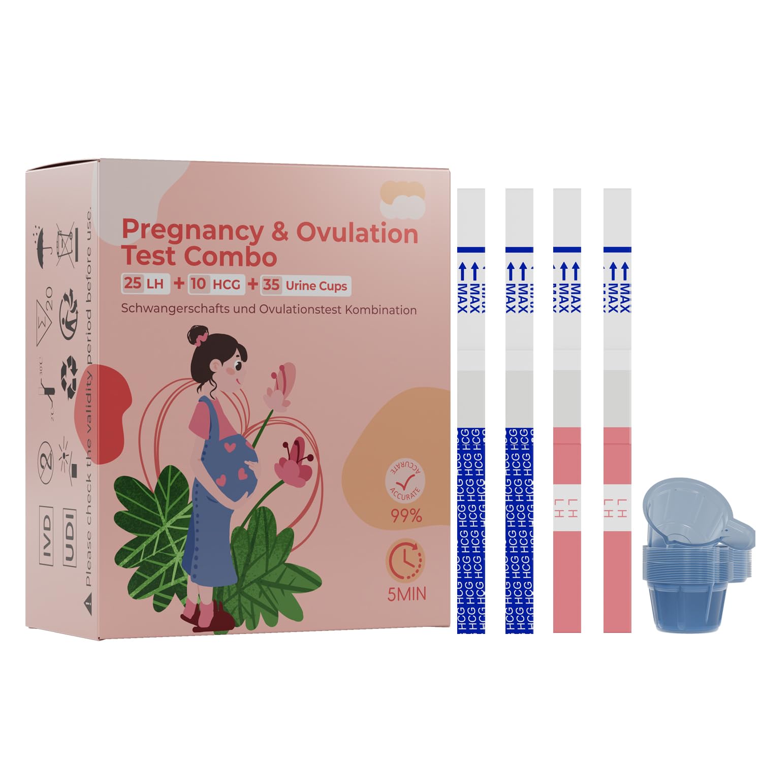 Ovulation Test & Pregnancy Test Strips Kit: 25 Ovulation Tests & 10 Pregnancy Tests & 35 Large Urine Cups:25LH + 10HCG + 35 Urine Cup, Individually Wrapped