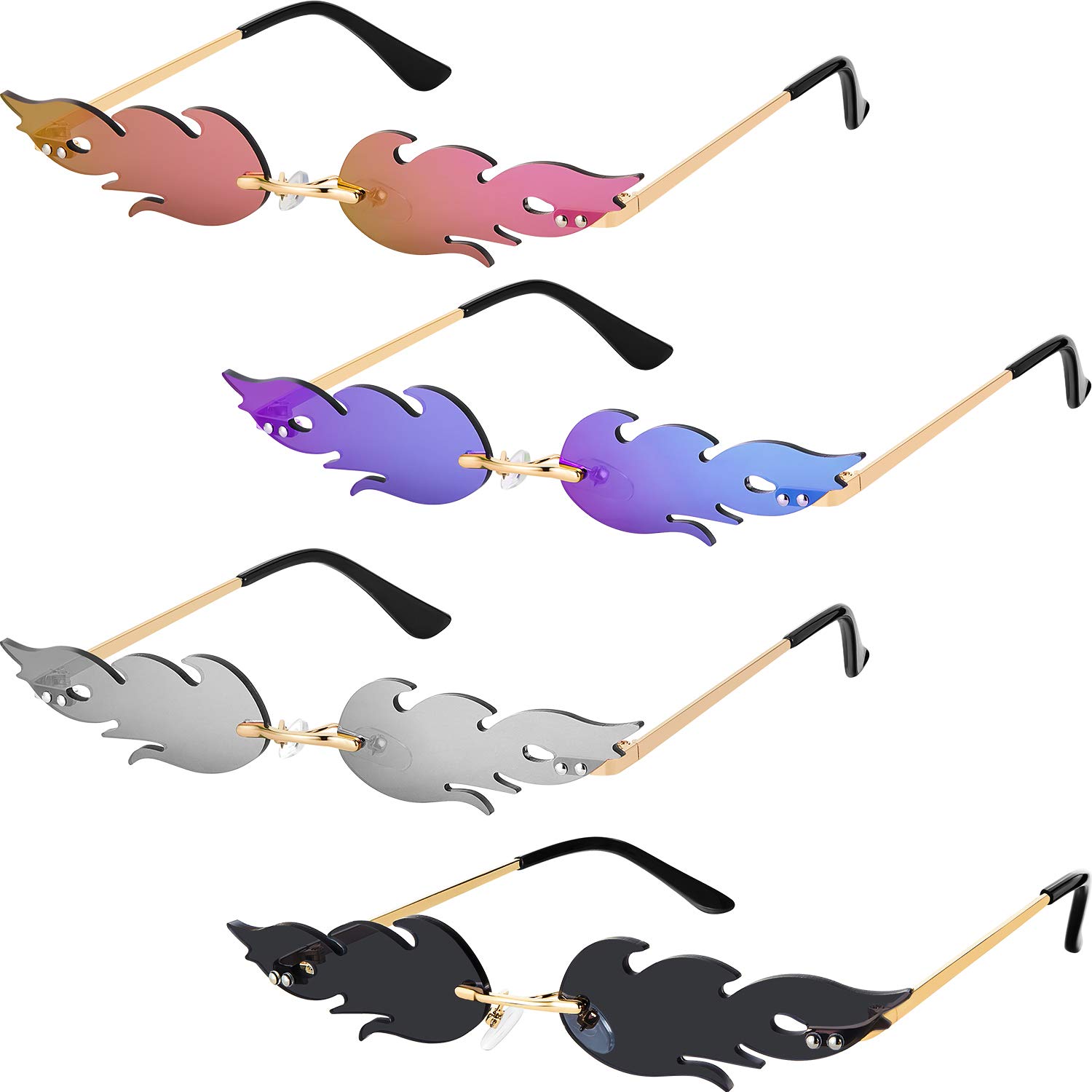 Fire Flame Sunglasses Rimless Flame Shaped Sun Glasses Wave Fire Shaped Glasses for Women Men Party Supplies Photo Props (4 Pairs, Silver, Purple, Gray and Pink)