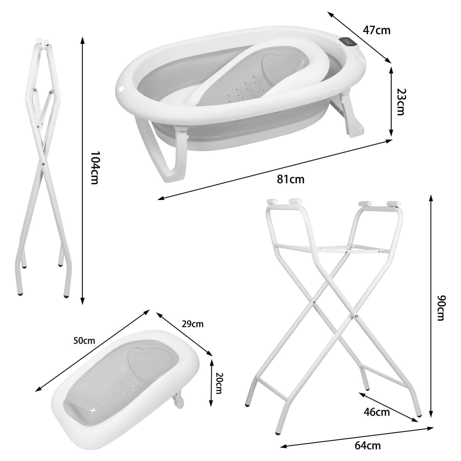 Baignoire Bébé Pliable Sur Pied XXL avec Support, Thermomètre 2.0, Siège et Kit de Drainage