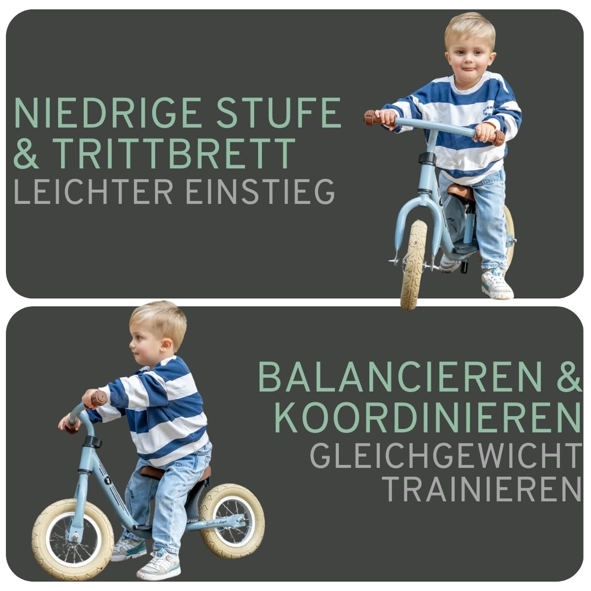 Bandits & Angels Metall-Laufrad Starter Retro mit Trittbrett ab 2 Jahren – grünes Laufrad – Verstellbarer Sattel 29 bis 39 cm – für Jungen und Mädchen – niedriger Einstieg mit Trittbrett