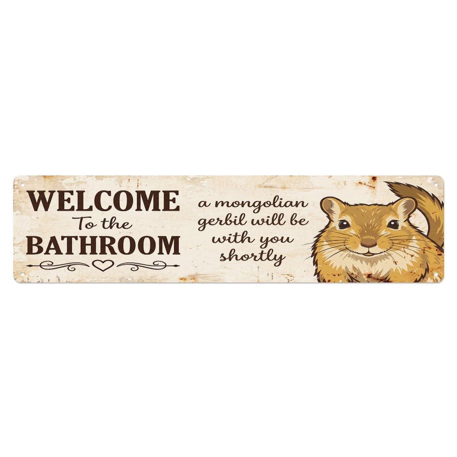 Vintage WELCOME To The BATHROOM Mongolian Gerbil Metal Tin Sign