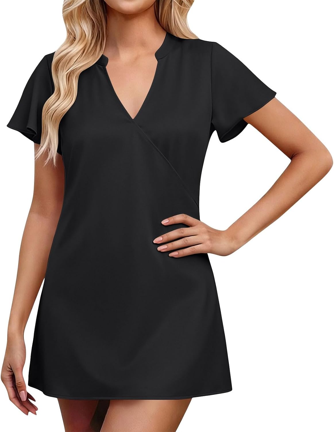 Cocktail Dresses for Women Formal Short Satin Dress Elegant Short Sleeve V Neck Wedding Party Mini Dress