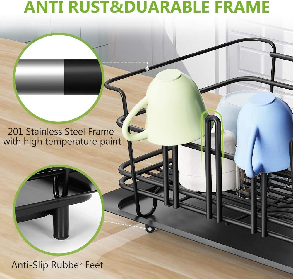 1Easylife Dish Drying Rack, Dish Drainer for Kitchen Rustproof Dish Rack and Drainboard Set with Removable Utensil Holder and Adjustable Swivel Spout, Countertop or in Sink Dry Rack (Black)